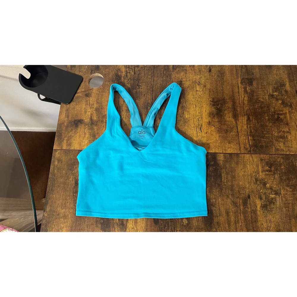 Alo Yoga Real Bra Tank Turquoise Blue V-Neck Racerback Crop Top Medium